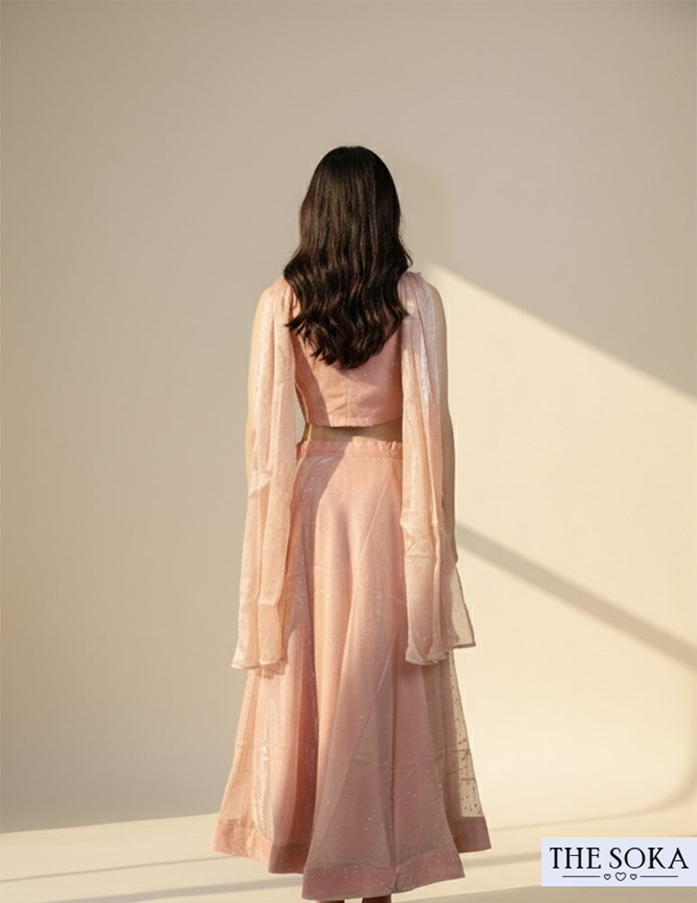 Dusty Pink Sequined Crop Top and Flared Lehenga Set