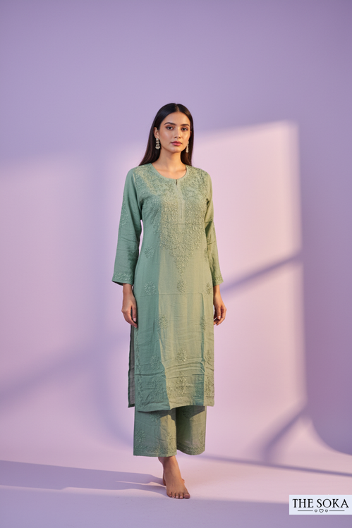 Dusty Green Pure Chikankari Premium Modal Embroidered Handwork Set