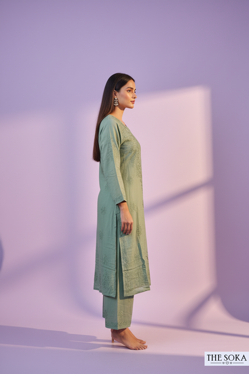 Dusty Green Pure Chikankari Premium Modal Embroidered Handwork Set