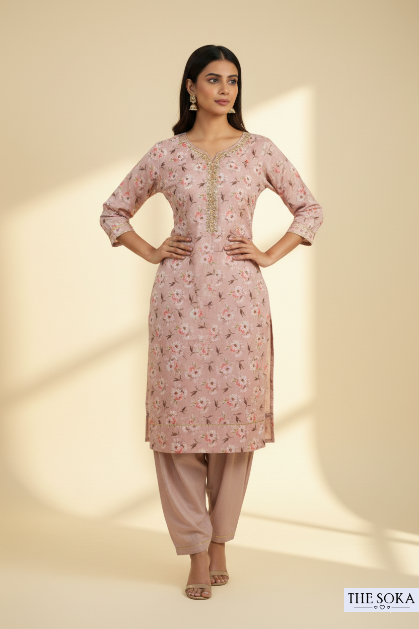 Dusty Pink Floral Printed Kurta Set with Dupatta
