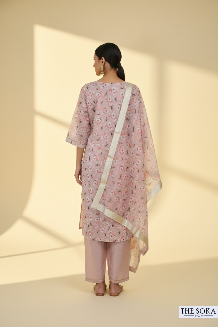 Dusty Pink Floral Printed Kurta Set with Dupatta