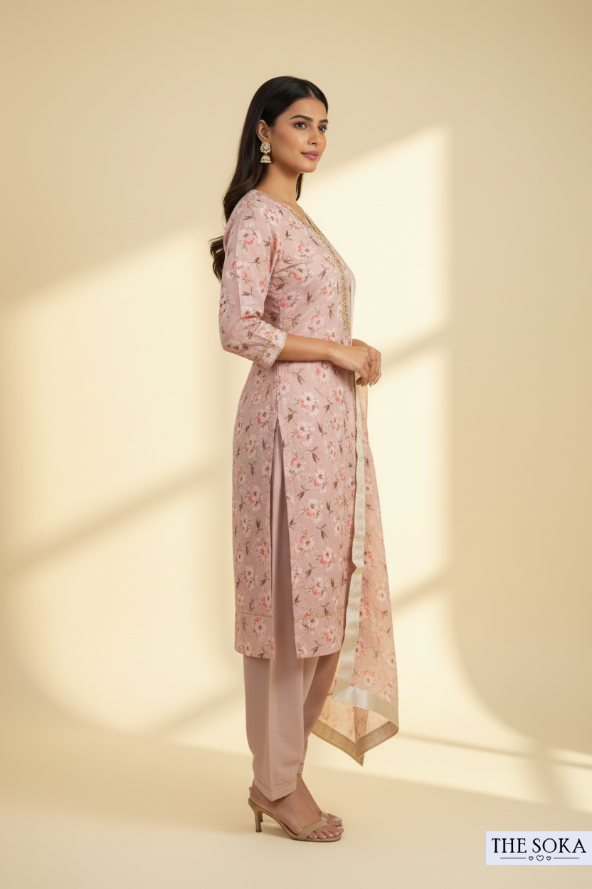 Dusty Pink Floral Printed Kurta Set with Dupatta