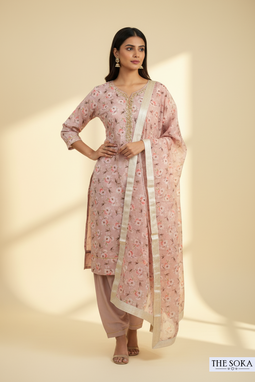 Dusty Pink Floral Printed Kurta Set with Dupatta