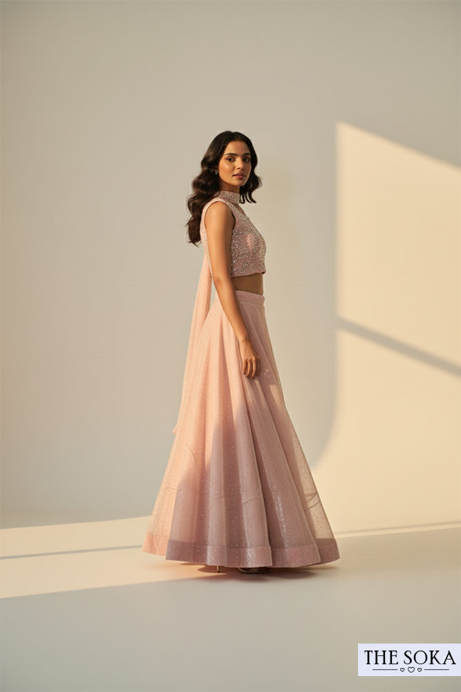 Dusty Pink Sequined Crop Top and Flared Lehenga Set