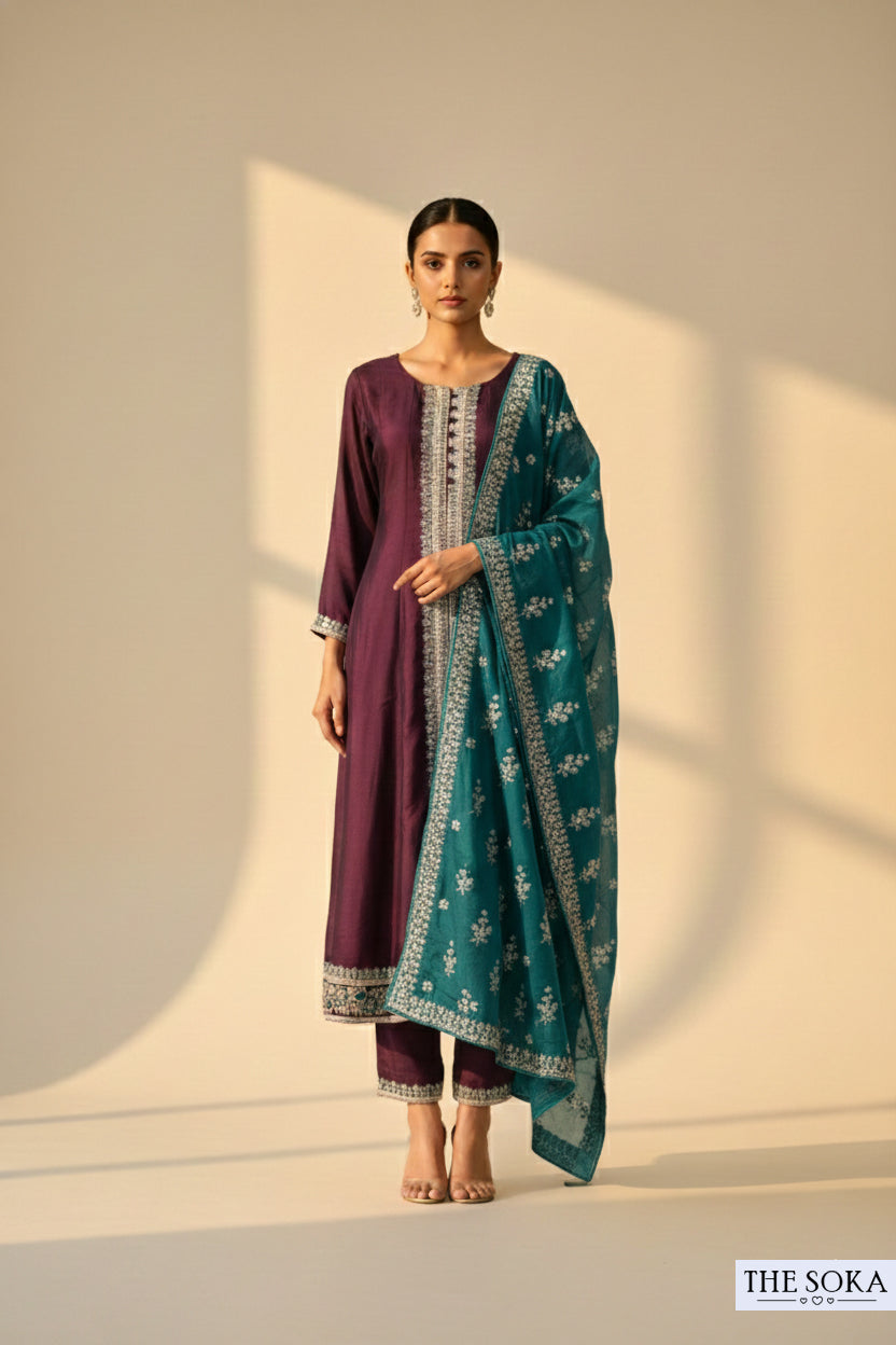 Embroidered Dark Purple Kurta Set with Pants and Dupatta