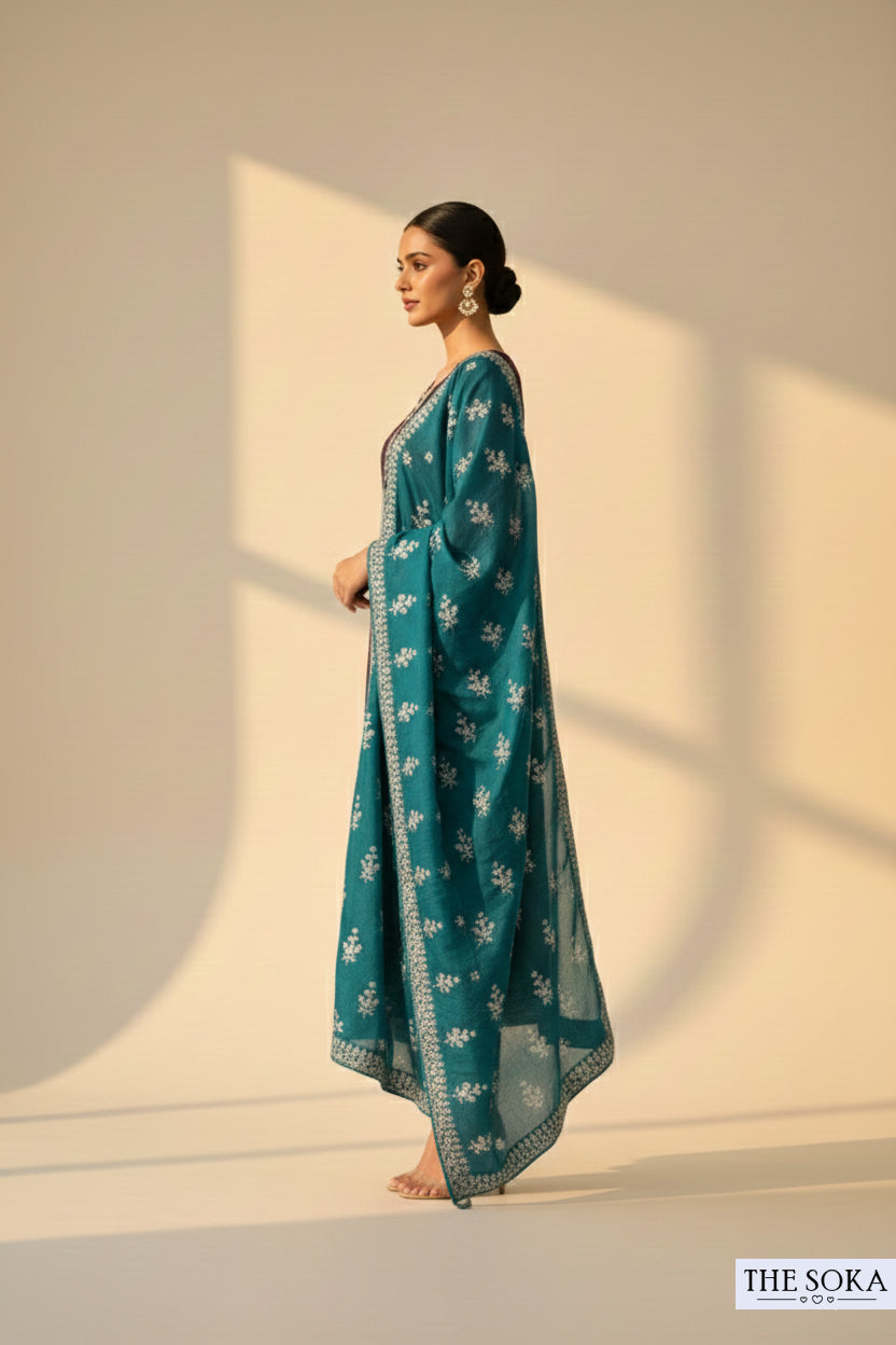 Embroidered Dark Purple Kurta Set with Pants and Dupatta