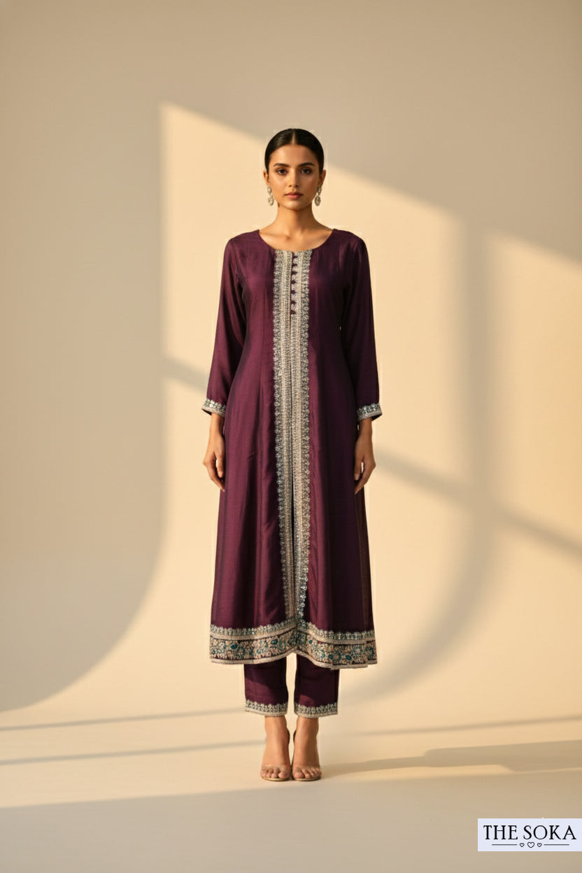 Embroidered Dark Purple Kurta Set with Pants and Dupatta