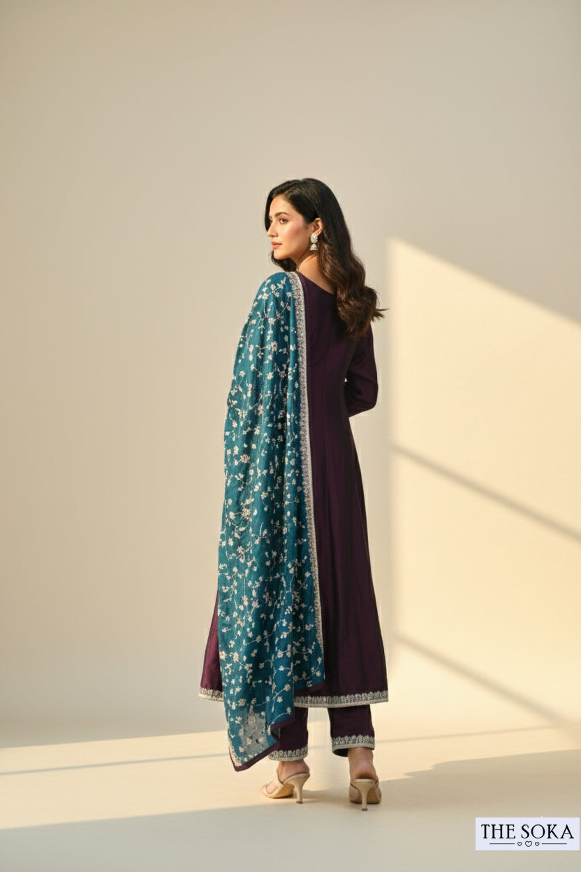 Embroidered Dark Purple Kurta Set with Pants and Dupatta