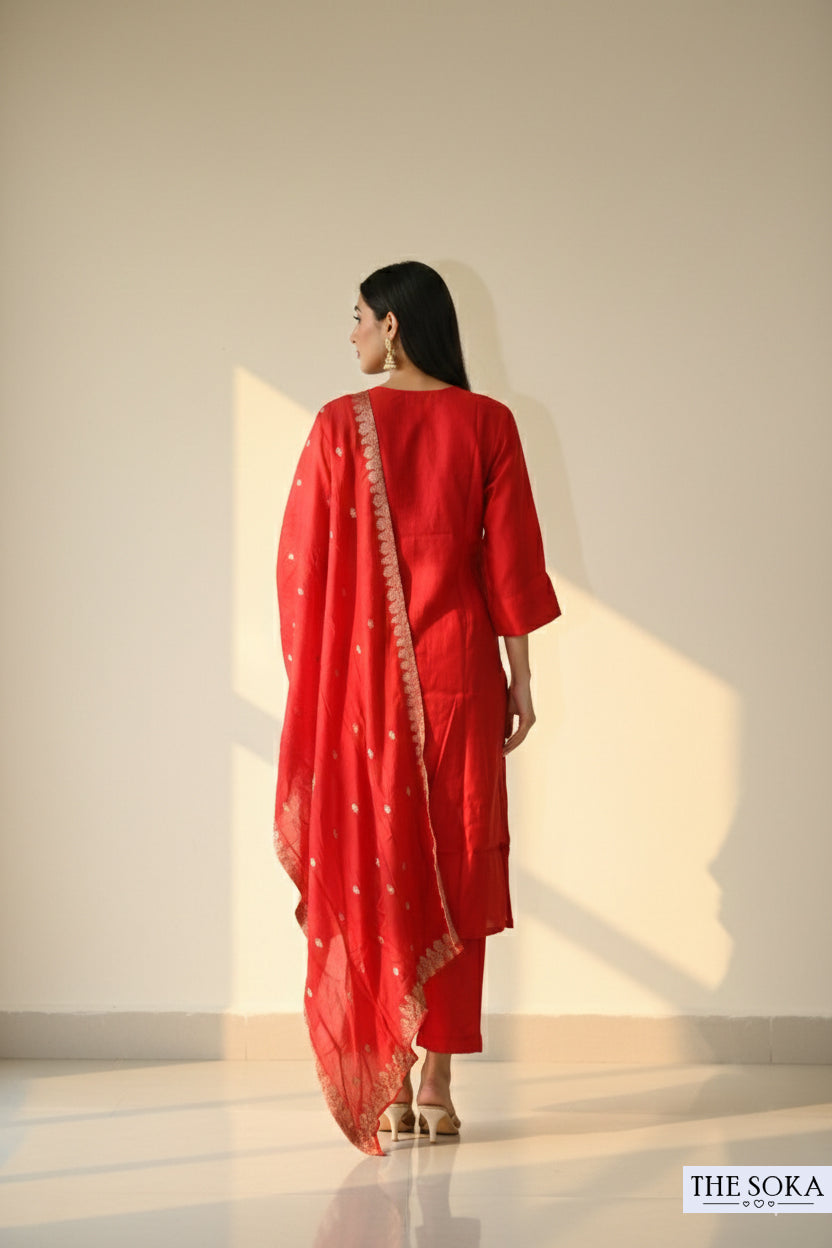 Embroidered Red Kurta Set with Pants and Dupatta