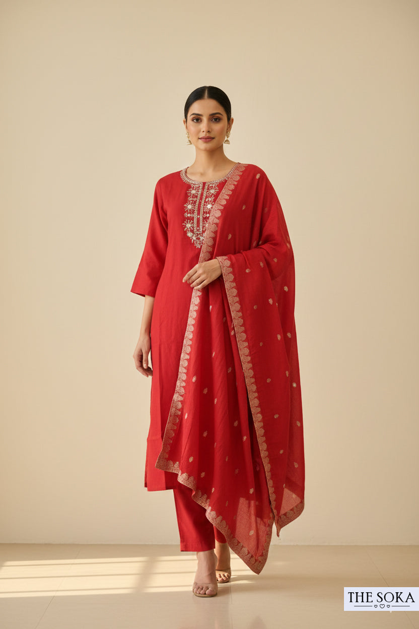 Embroidered Red Kurta Set with Pants and Dupatta