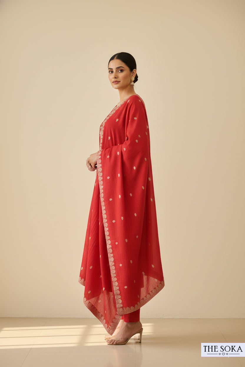Embroidered Red Kurta Set with Pants and Dupatta