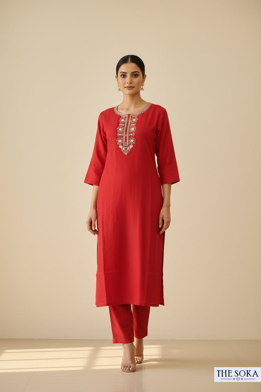 Embroidered Red Kurta Set with Pants and Dupatta