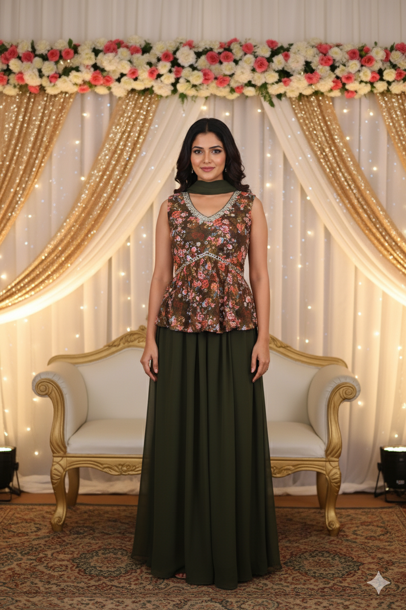 Woman in a floral top and dark skirt standing in front of decorative floral arch and white chair.