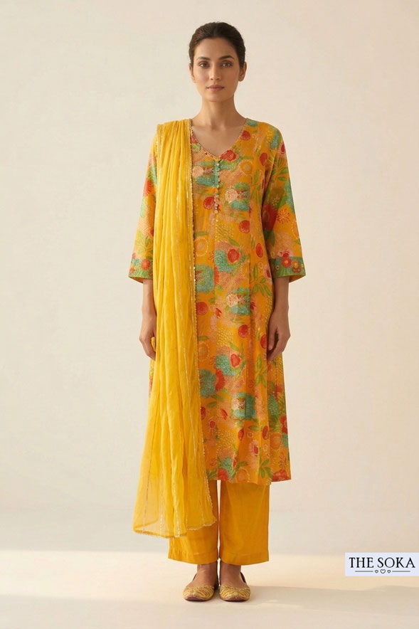 Mustard Yellow Floral Printed Cotton Anarkali Suit Set with Dupatta for Women