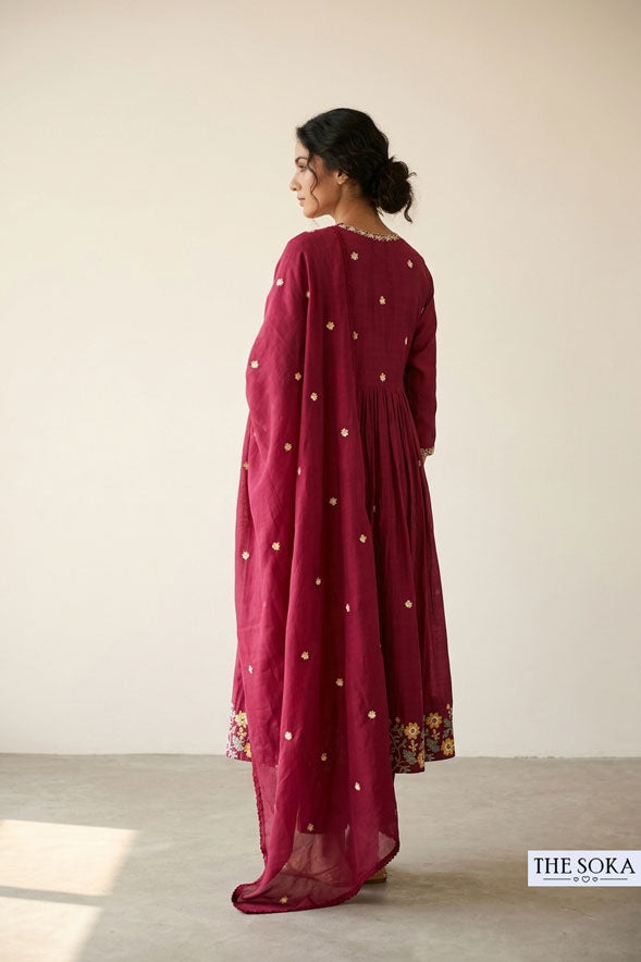Wine Maroon Floral Embroidered Anarkali Suit Set with Straight Pants & Dupatta for Women | Festive Ethnic Wear