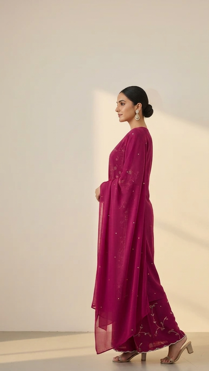 Pure Chinon Vibrant Crimson Magenta Regal Radiance Embroidered Palazzo Suit