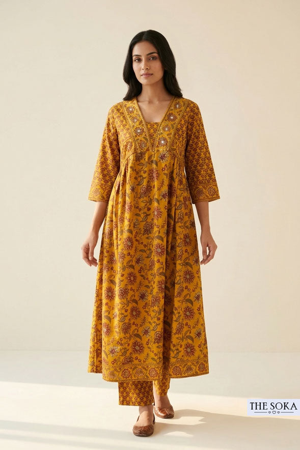 Mustard Yellow Floral Printed Cotton Anarkali Suit Set with Straight Pants & Dupatta for Women | Festive Ethnic Wear
