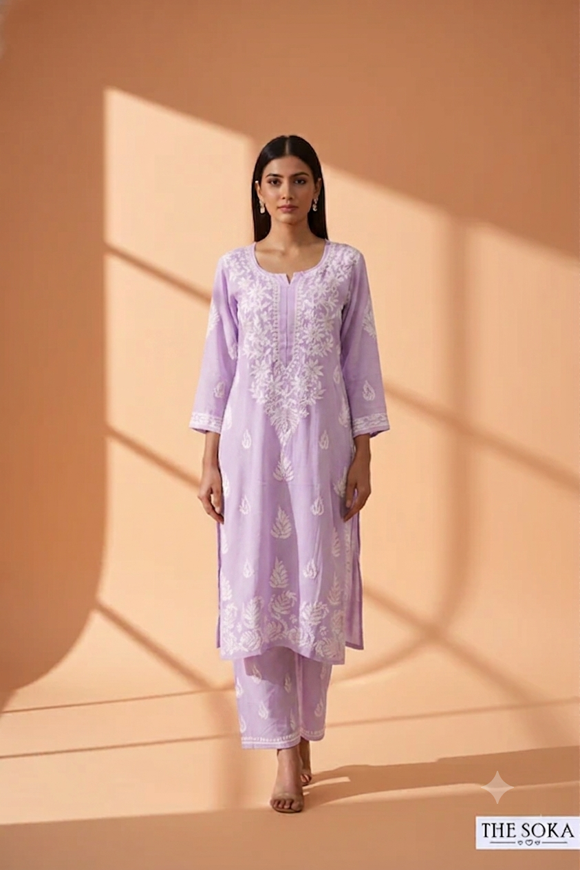 Purple Light Lavender Women Chikankari Kurta Set With Pant