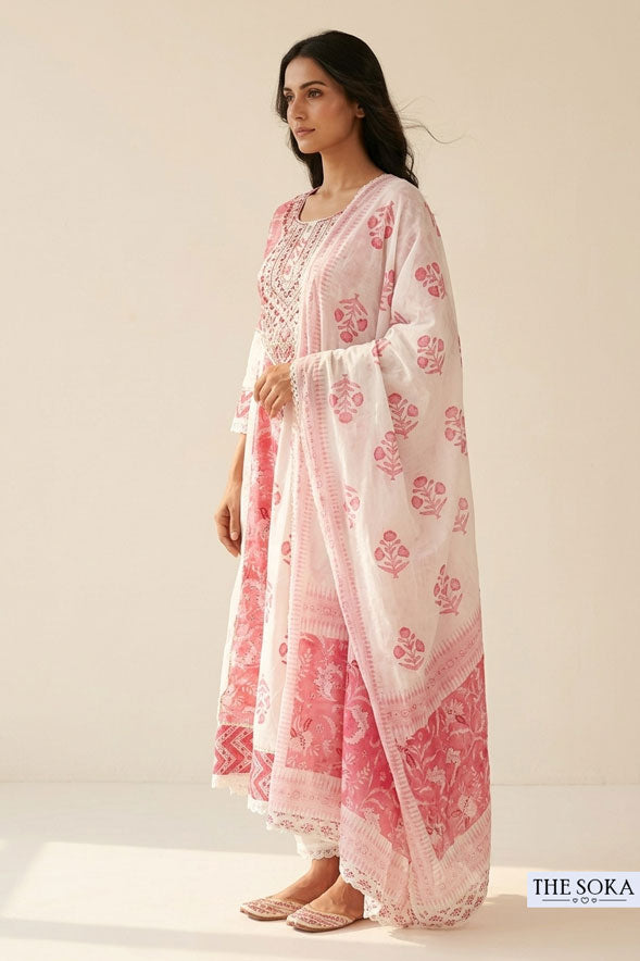 Premium White Pink Printed Cotton Anarkali Suit for Women