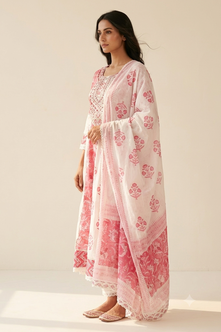 Premium White Pink Printed Cotton Anarkali Suit for Women