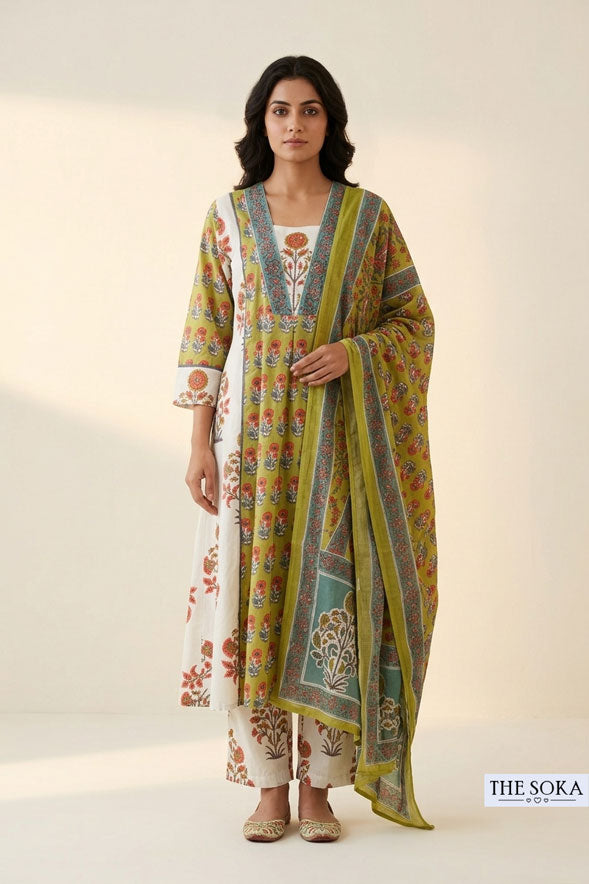 Olive Green Floral Printed Cotton Anarkali Suit Set with Palazzo & Dupatta for Women | Festive Ethnic Wear