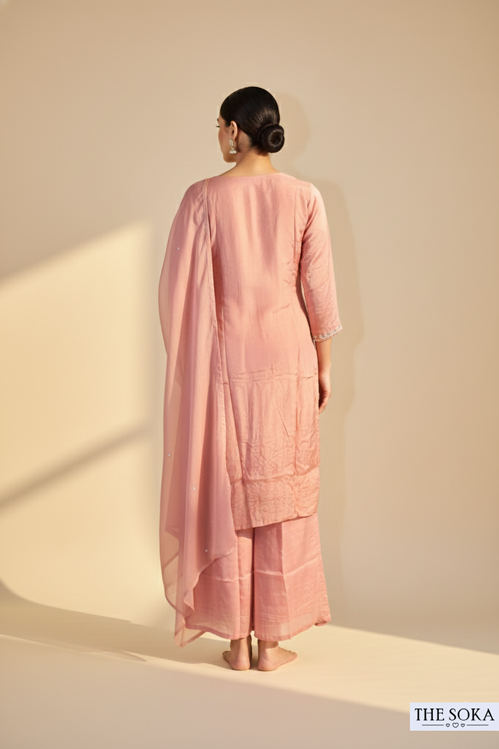 Pure Chinon Dusty Rose Embroidered Kurta Sharara Set