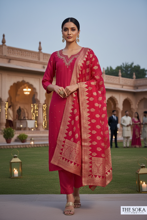 Woman in a red traditional outfit with gold patterns standing in front of an architectural background.