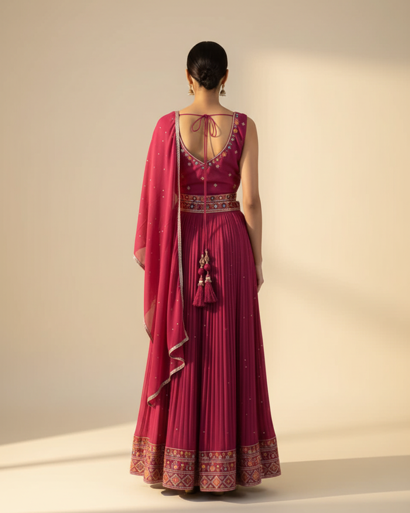 Magenta Embroidered Sleeveless Lehenga Choli with Dupatta