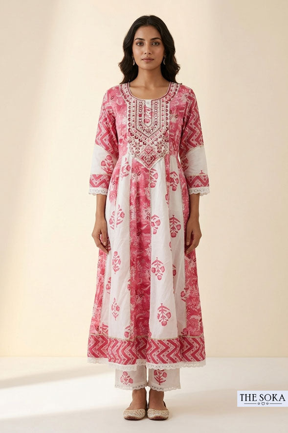 Premium White Pink Printed Cotton Anarkali Suit for Women