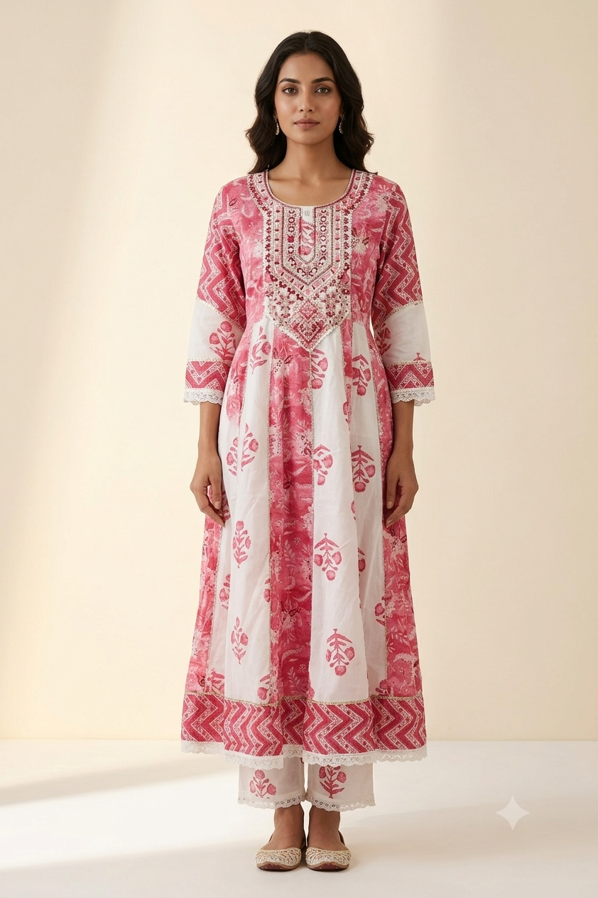 Premium White Pink Printed Cotton Anarkali Suit for Women