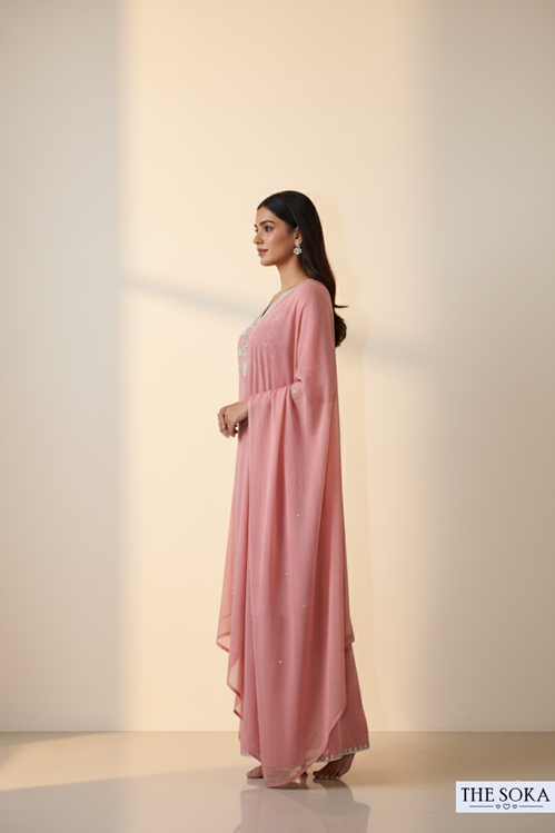 Pure Chinon Dusty Rose Embroidered Kurta Sharara Set