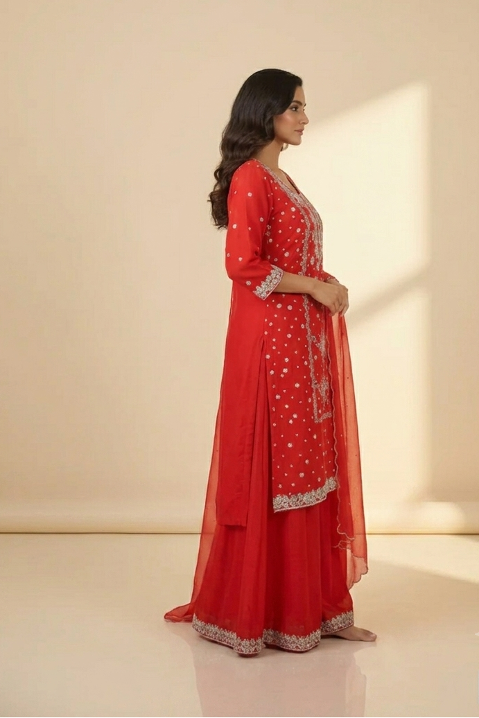 A woman in profile wearing a red traditional outfit with silver embroidery, standing against a warm beige studio background with soft window-light shadows.