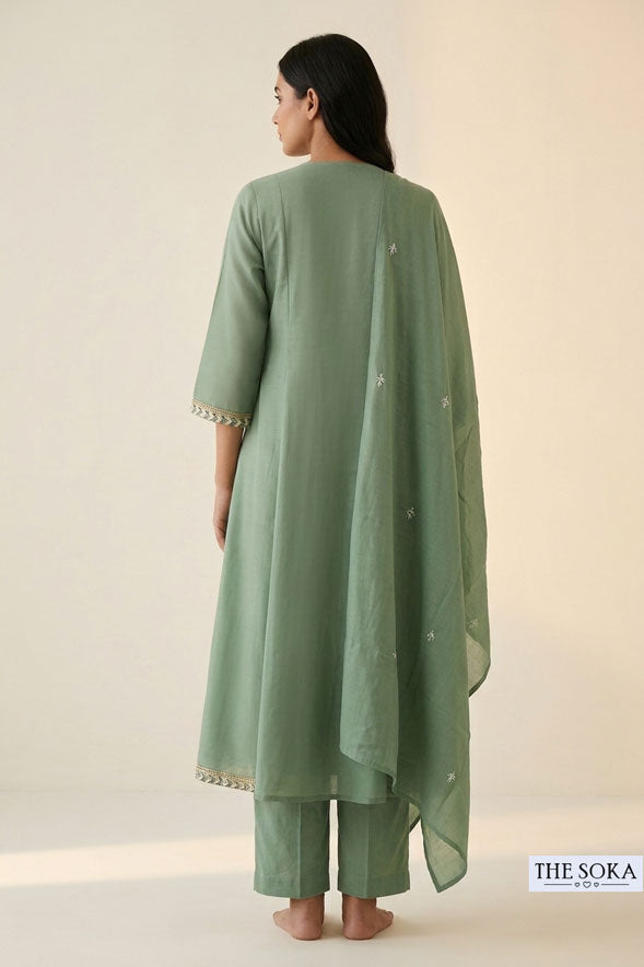 Sage Green Cotton Thread Embroidered Kurta Palazzo Set with Dupatta for Women | Elegant Ethnic Wear