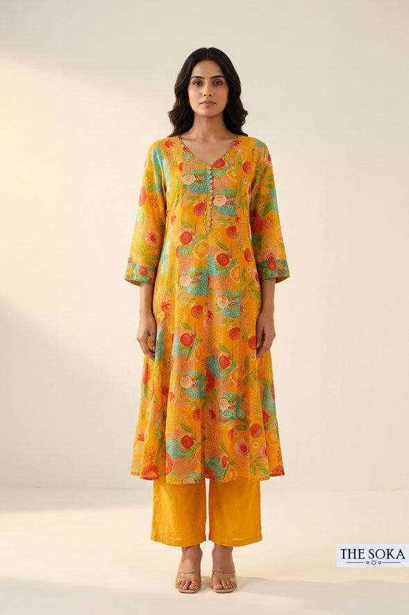 Mustard Yellow Floral Printed Cotton Anarkali Suit Set with Dupatta for Women
