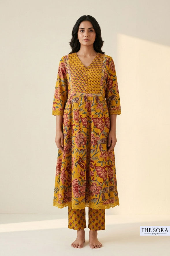 Mustard Yellow Floral Printed Cotton Anarkali Suit Set with Straight Pants & Dupatta for Women | Festive Ethnic Wear