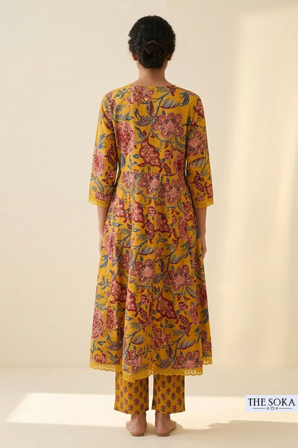 Mustard Yellow Floral Printed Cotton Anarkali Suit Set with Straight Pants & Dupatta for Women | Festive Ethnic Wear