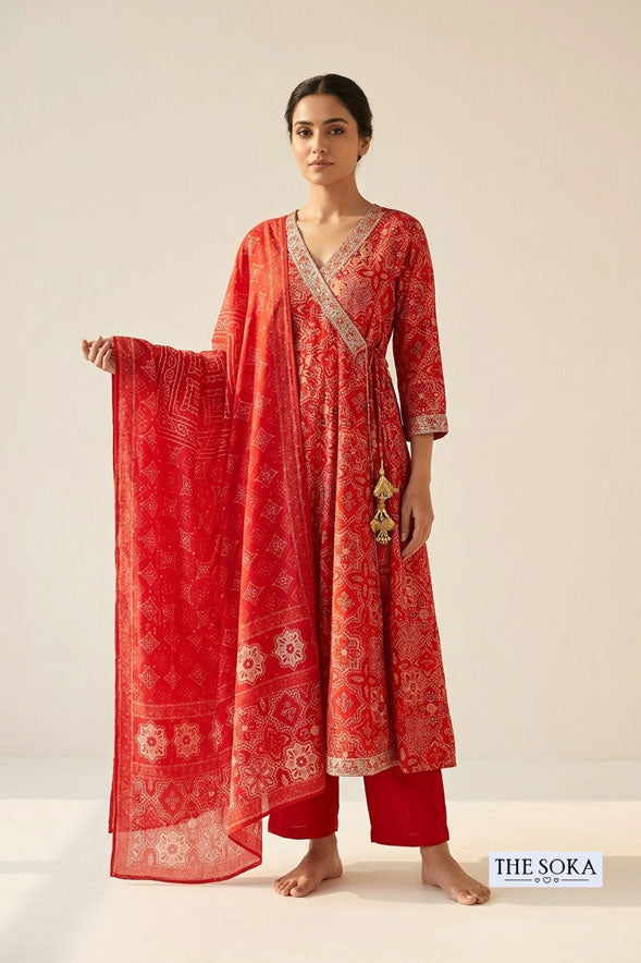 Red Bandhani Printed Cotton Wrap Style Anarkali Suit Set with Dupatta for Women | Festive Ethnic Wear