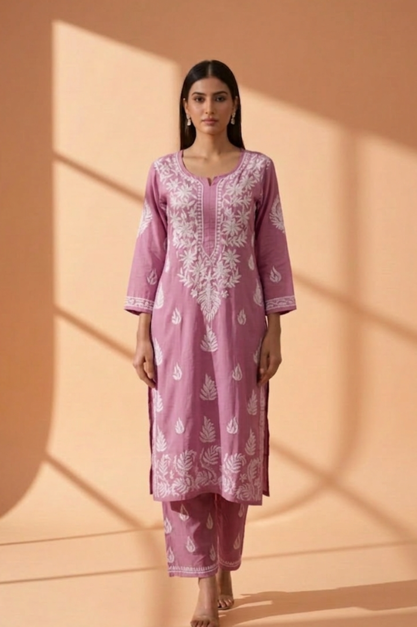 Woman wearing a pink muava chikankari set