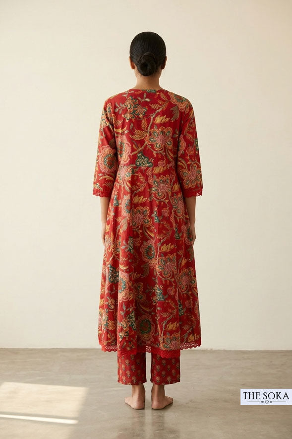 Red Floral Printed Cotton Anarkali Suit Set with Straight Pants & Dupatta for Women | Festive Ethnic Wear