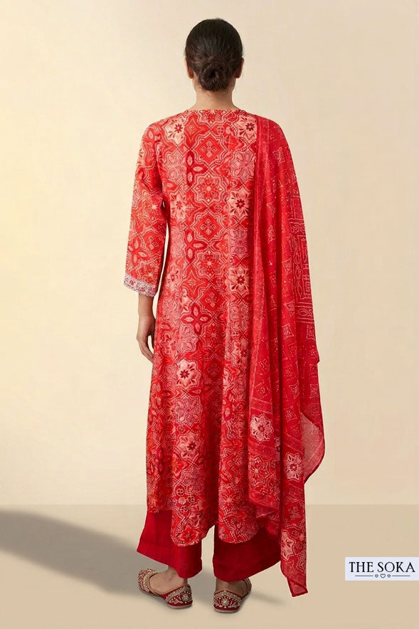 Red Bandhani Printed Cotton Wrap Style Anarkali Suit Set with Dupatta for Women | Festive Ethnic Wear