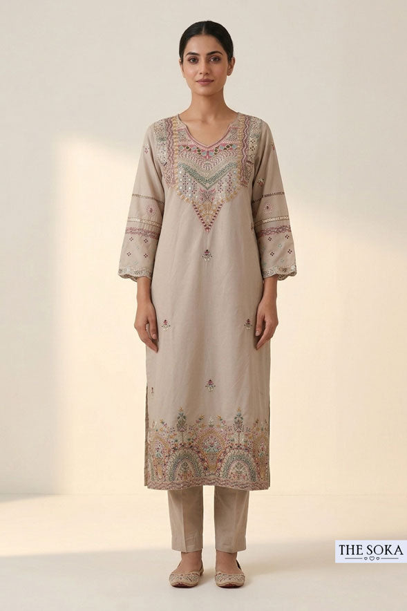 Beige Cotton Embroidered Kurta Pant Set with Dupatta for Women