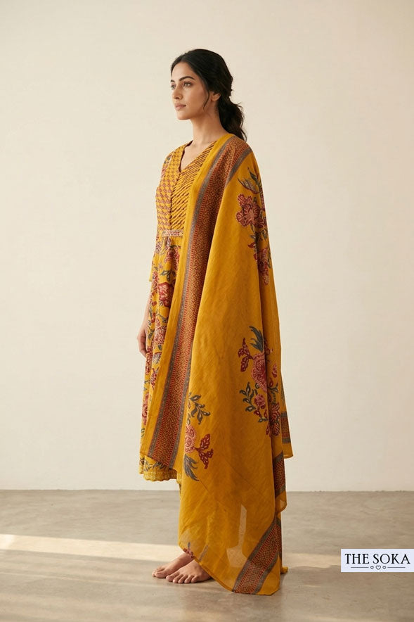 Mustard Yellow Floral Printed Cotton Anarkali Suit Set with Straight Pants & Dupatta for Women | Festive Ethnic Wear