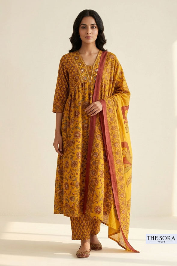 Mustard Yellow Floral Printed Cotton Anarkali Suit Set with Straight Pants & Dupatta for Women | Festive Ethnic Wear
