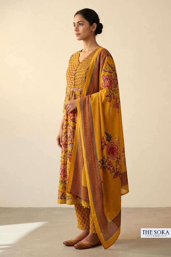Mustard Yellow Floral Printed Cotton Anarkali Suit Set with Straight Pants & Dupatta for Women | Festive Ethnic Wear