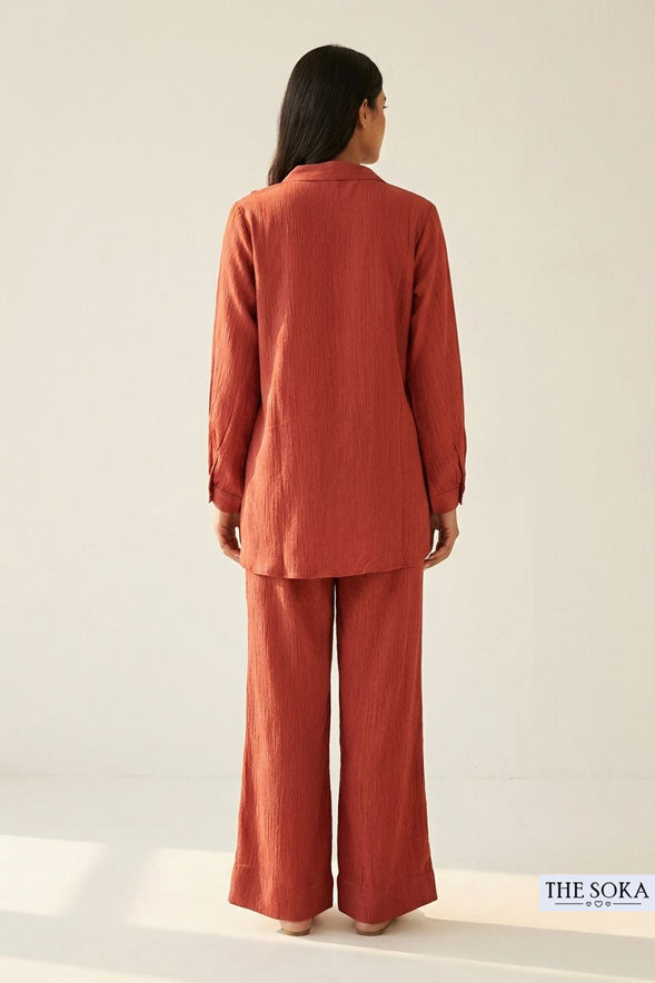 Rust Terracotta Solid Cotton V-Neck Tunic Co-Ord Set with Wide Leg Pants for Women