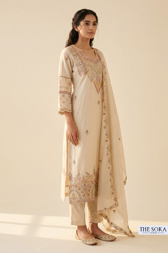 Beige Cotton Embroidered Kurta Pant Set with Dupatta for Women