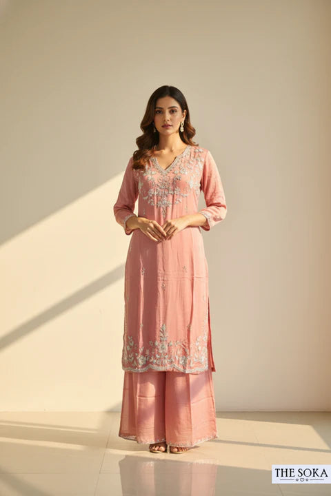 Pure Chinon Dusty Rose Embroidered Kurta Sharara Set