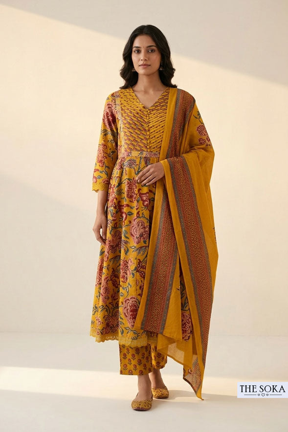 Mustard Yellow Floral Printed Cotton Anarkali Suit Set with Straight Pants & Dupatta for Women | Festive Ethnic Wear