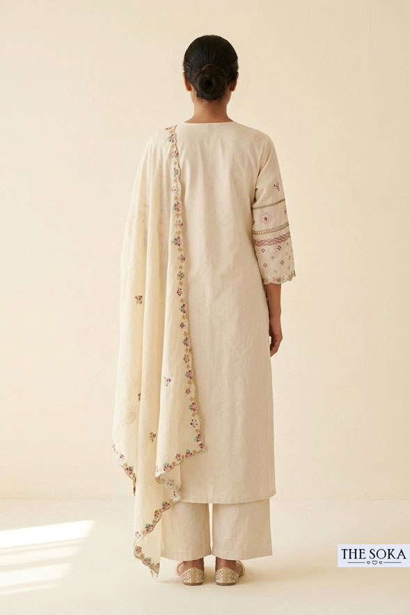 Beige Cotton Embroidered Kurta Pant Set with Dupatta for Women