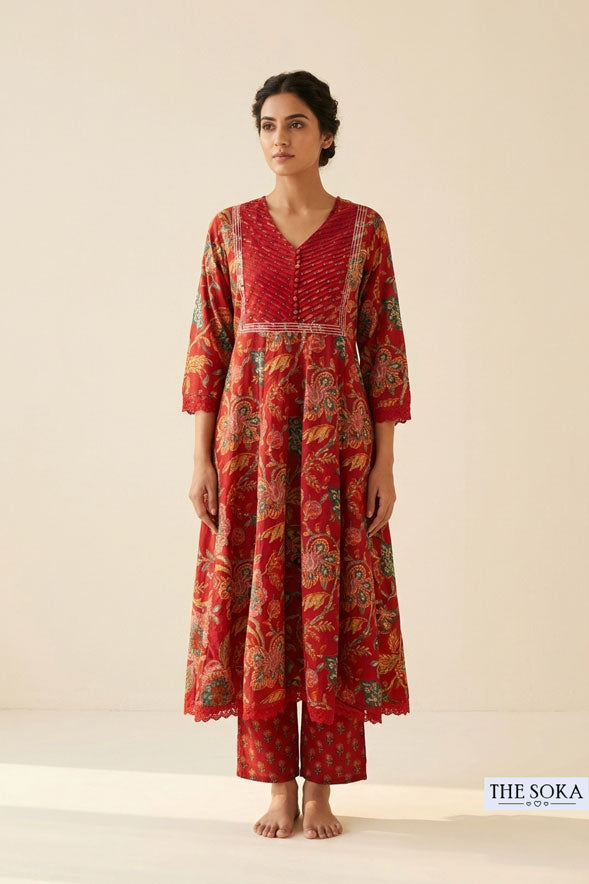 Red Floral Printed Cotton Anarkali Suit Set with Straight Pants & Dupatta for Women | Festive Ethnic Wear
